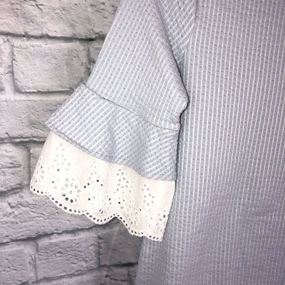 Elle soft cotton blend 3/4 ruffle sleeve ribbed top light blue/white sz XS - Picture 3 of 5